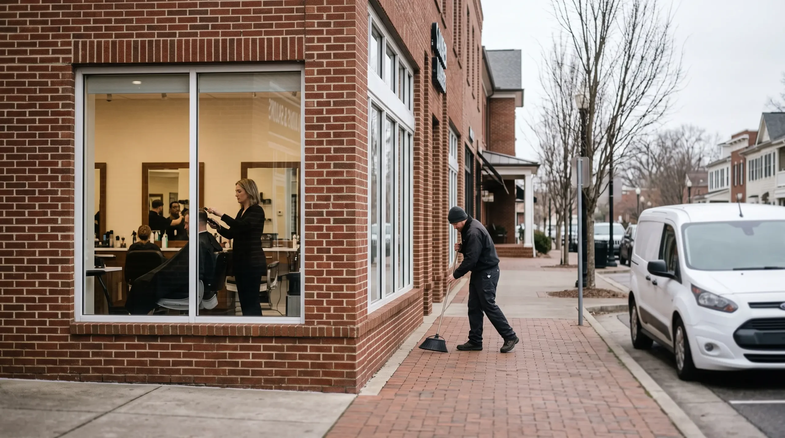 A man sweeps a brick sidewalk outside a shop window, while inside a woman cuts a customer's hair.