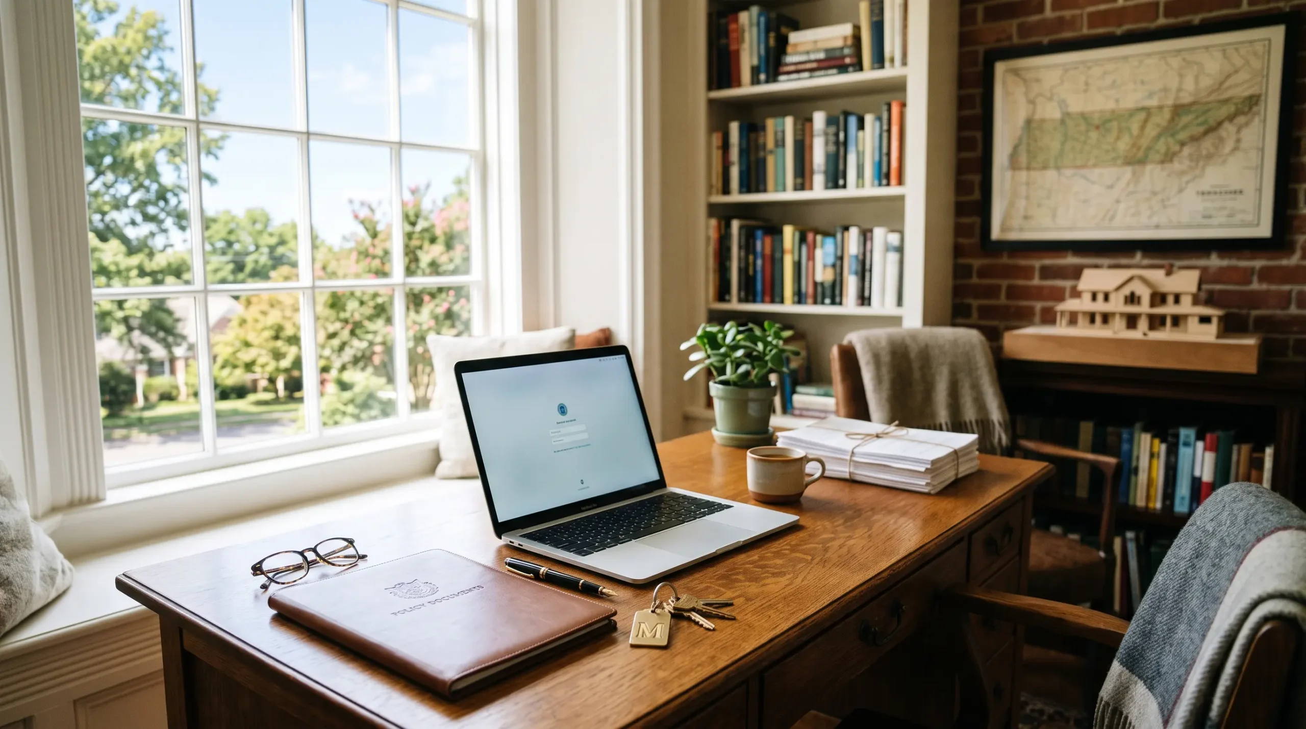 An open laptop sits on a wooden desk by a window next to a leather folder, keys, coffee mug, and potted plant.